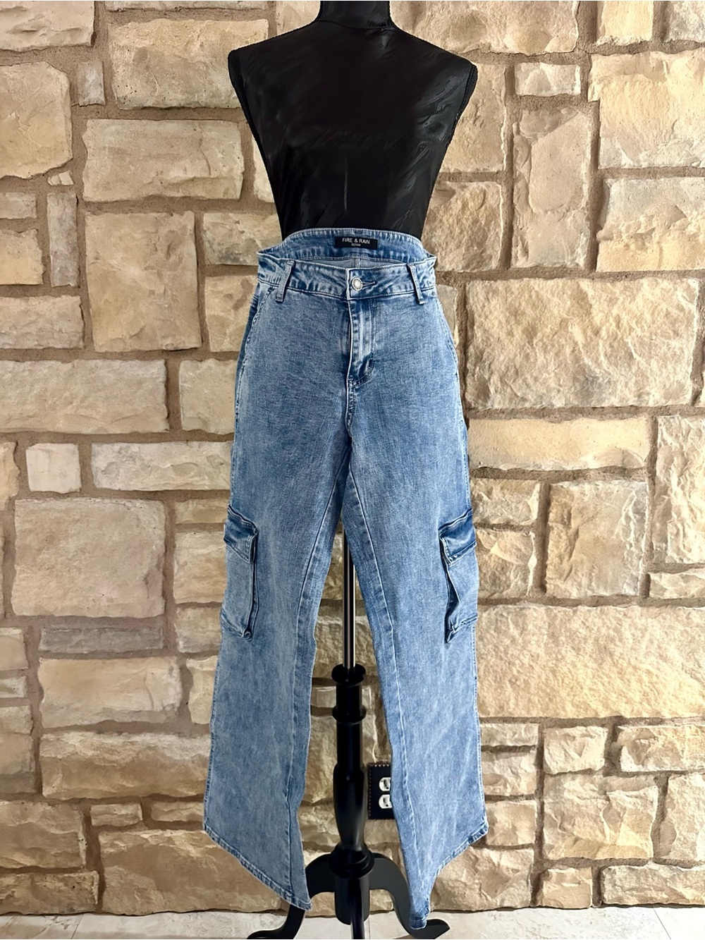 Fire & Rain High-Rise Light Blue Wide Leg Cargo Jeans - Women's Flare Fit